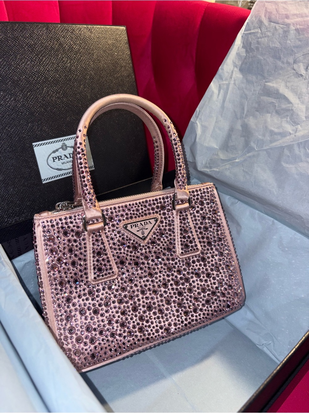 Prada Galleria Mini Crystal Satin Bag in Alabaster Pink 1BA906 Complete Set RFID
